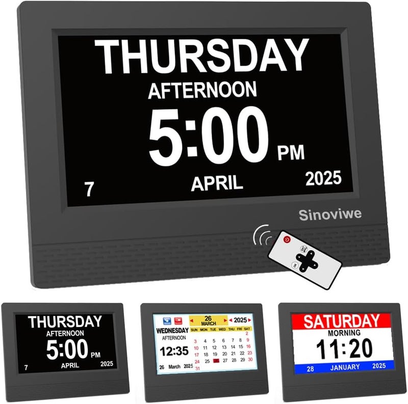 Sinoviwe Digital Alarm Clock 7" HD Large Screen Digital Calendar with Auto-Dimming, Clear Day/Date Display for Alzheimer's Dementia Seniors & Low Vision with Remote Control and Custom Reminder Function(Black) - Image 1